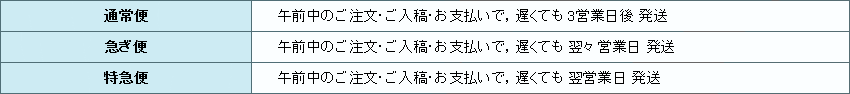 料金表ページの商品発送予定の表